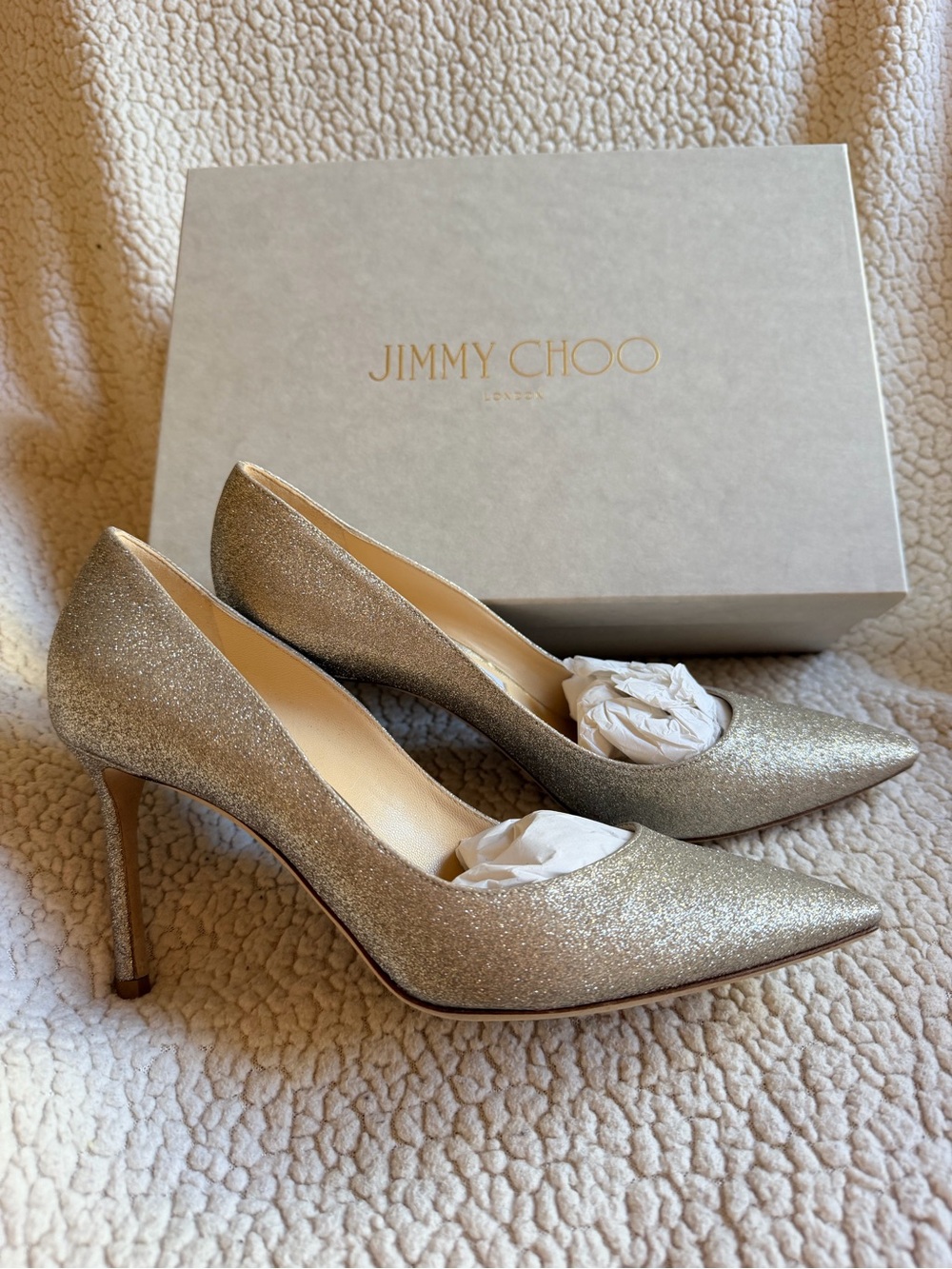 Jimmy Choo Romy 85 Platinum Ice Glitter 38.5